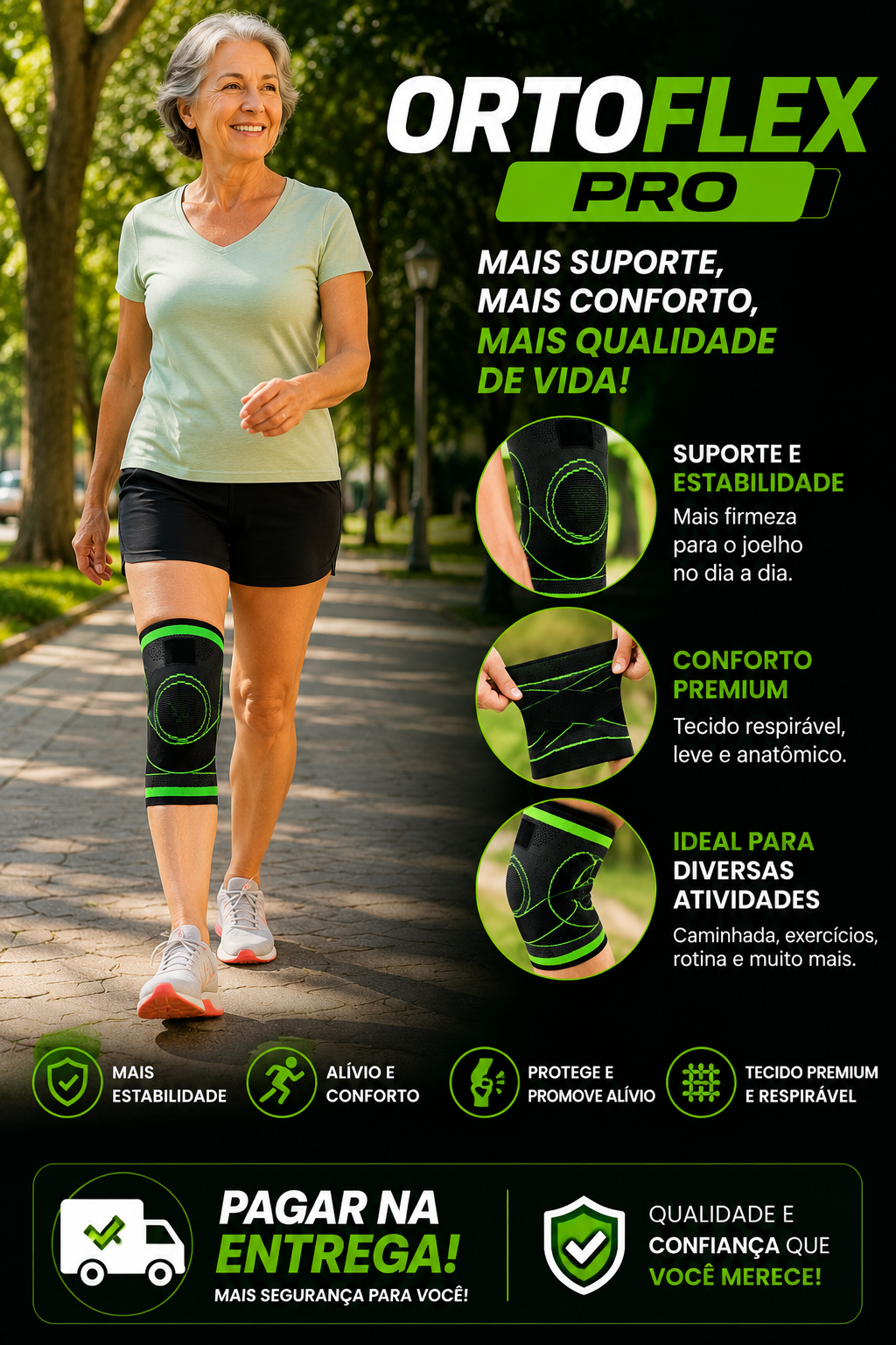 Pessoa idosa caminhando com confiança usando a joelheira OrtoFlex Pro